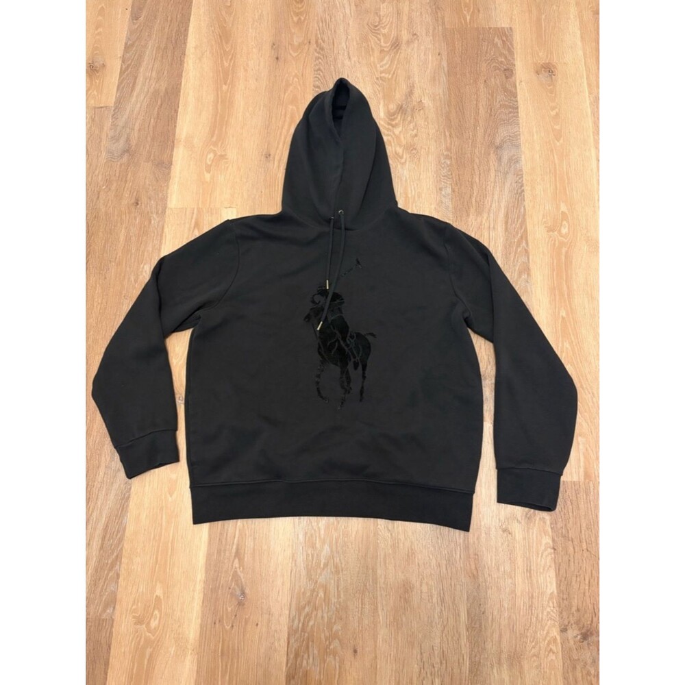 Polo Ralph Lauren Black Big Pony Hoodie Sweatshirt Fleece Side Pockets Sz Large